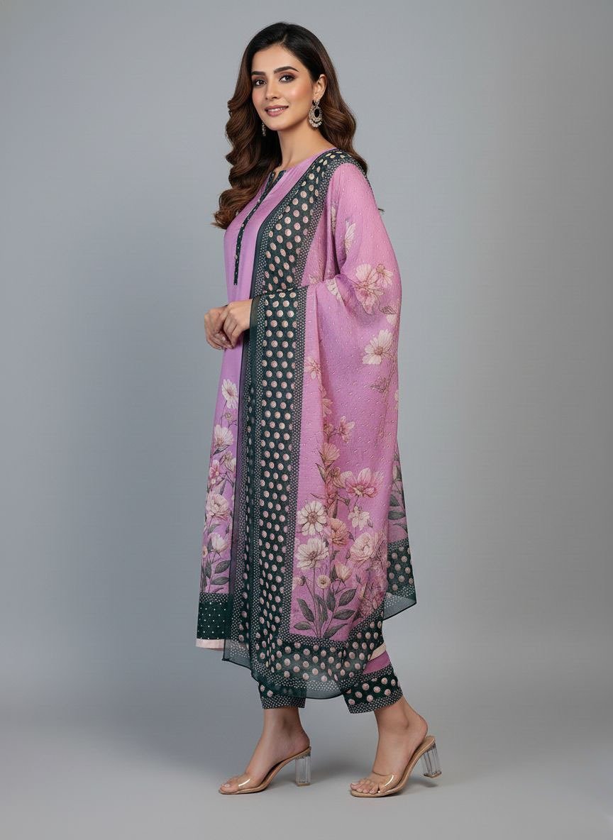 3 Piece Printed Silk Suit ( Stitched) - Image 3